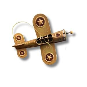 Vintage‎ Metal Airplane Ornament Handmade Gold Tone Accents Animated